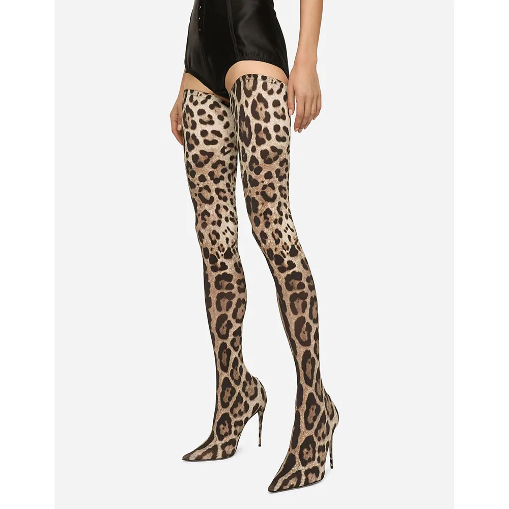 

Women's Leopard Print Over The Knee Sock Boots Pointed Stiletto Boots with Seamless Design Bold Statement Making Footwear