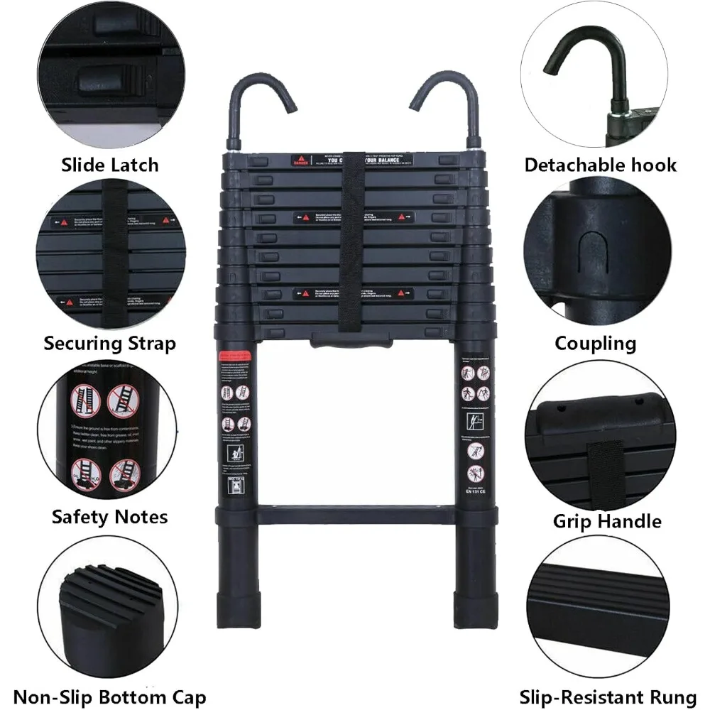 Scala telescopica in alluminio - 10 piedi, 2 ganci per tetto, leggera, multiuso, capacità di 330 libbre, certificata EN131