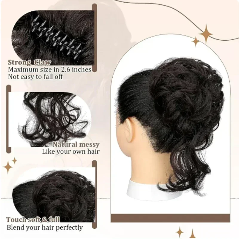 الاصطناعية مخلب كليب كعكة الشعر ملحقات للنساء ، Chignon ، قصيرة ، مجعد ، قطعة الشعر وهمية ، البني الطبيعي ، فوضوي Scrunchie ، 10"