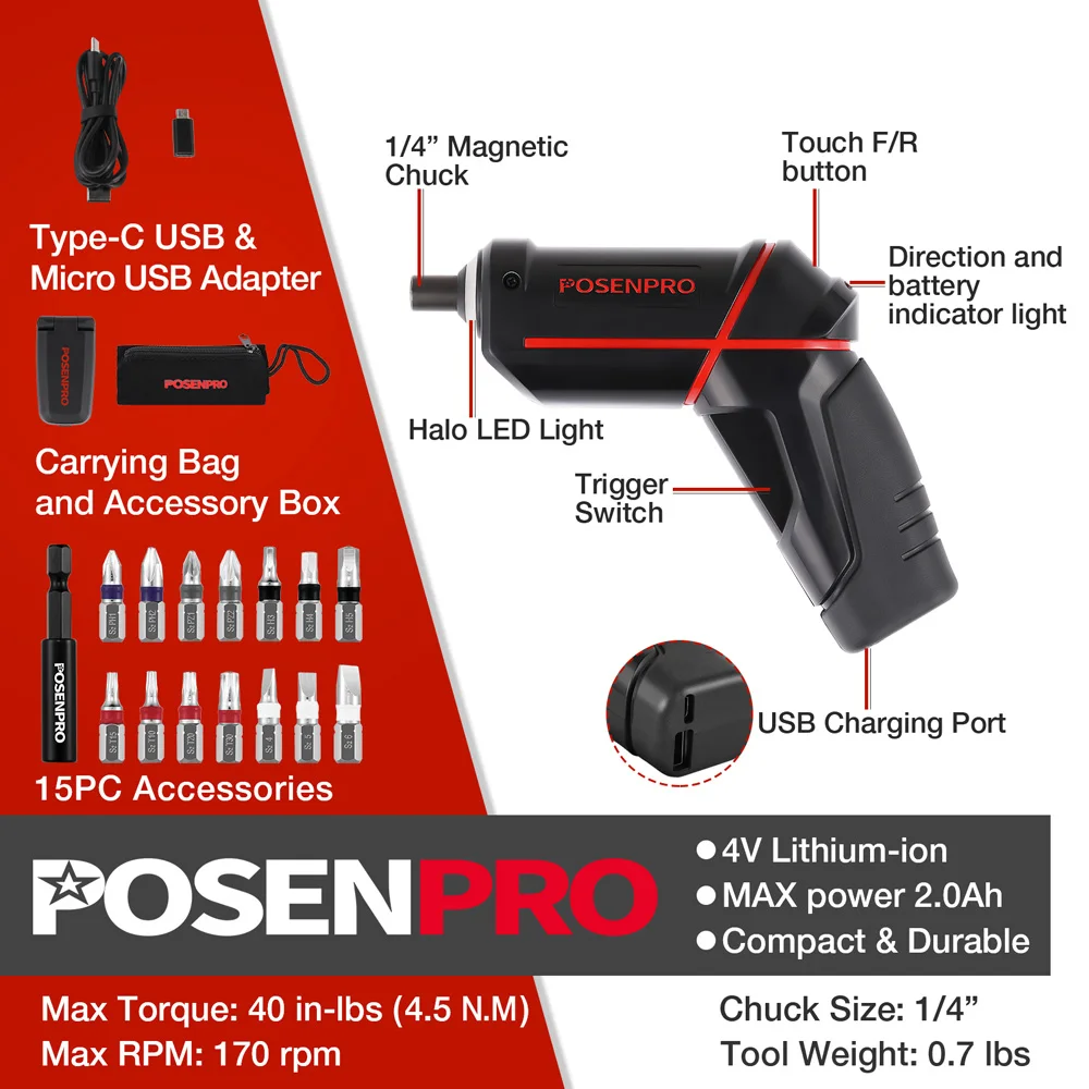 POSENPRO Cordless Electric Screwdriver, 4V Rechargeable Power Screwdriver with USB Cable, Carrying Bag & Accessory Box
