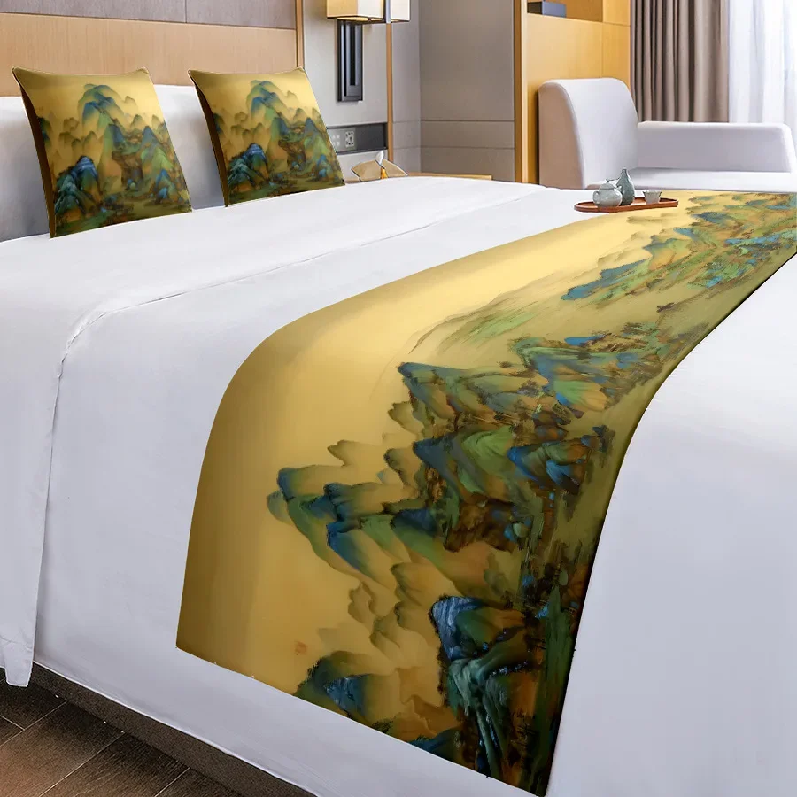 

Chinese Ink Wash Painting Bed Flag Long Beds End Towel Landscape Painting Printed Bed Flag Bedroom Bedding Hotel Homestay Decor