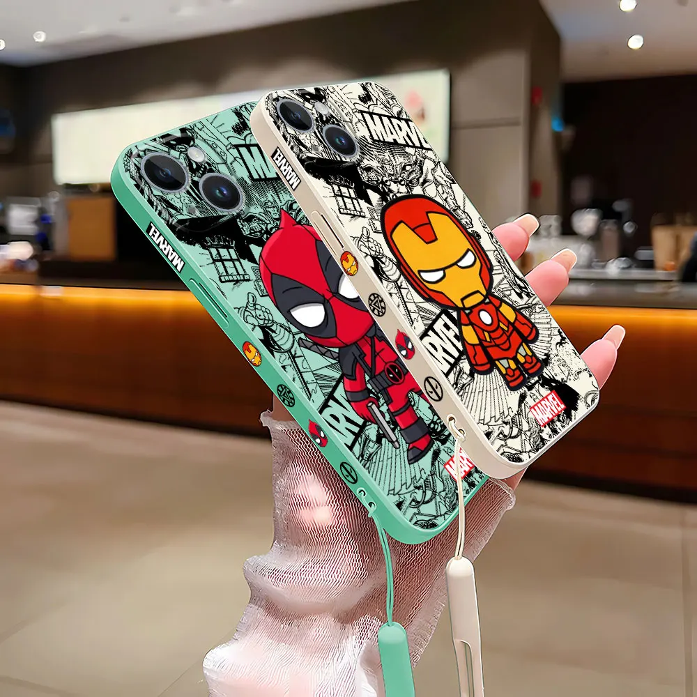 Case for Apple iPhone 14 Plus 15 Pro Max 11 Pro XR SE XS X 7 8 13 Mini 12 Cartoon Marvel Ironman Deadpool Square Liquid Cover