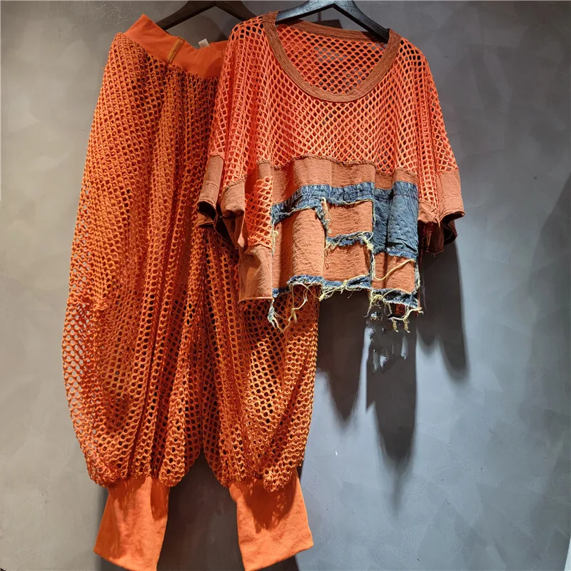 WTHT 새로운 패션 여성 스플 라이스 데님 반팔 티셔츠 탄성 높은 허리 중공 느슨한 바지 여성 1LS1933