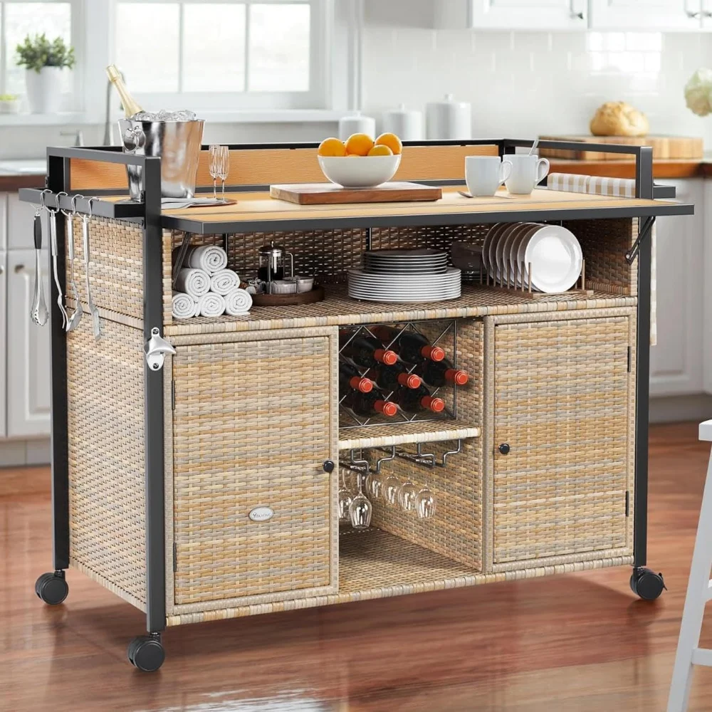

XL Outdoor Kitchen Wicker Island Rolling Cart Bar Table & Storage Cabinet, Wheels and Plastic Wood Extended Table Top