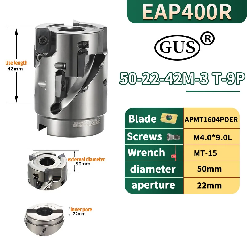 Eap 400r Bap400r 50 mm 63 mm Cabeça de Fresa de Milho em Espiral com Haste Reta para Corte em Desbaste para Ferramentas de Torno com Inserto de Metal Duro Apmt1604