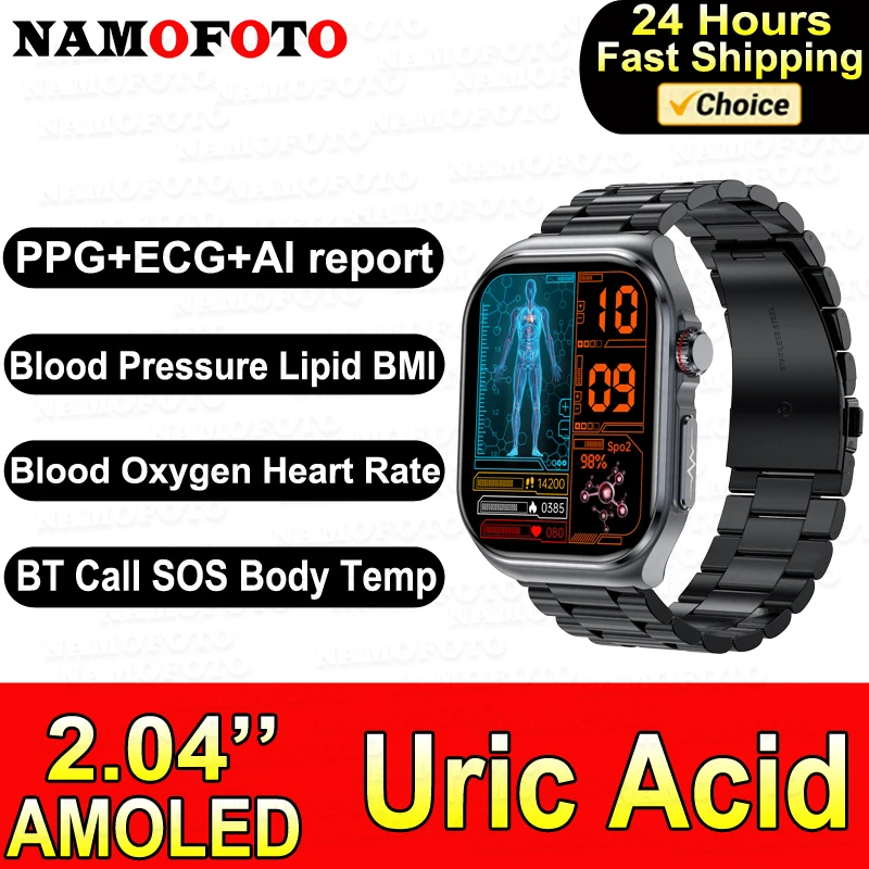 

2024 New Smart Watch 2.04" AMOLED 530mAH Clock ECG Uric Acid Blood Pressure Oxygen Wristwatch Men Women BT Call Smartwatch