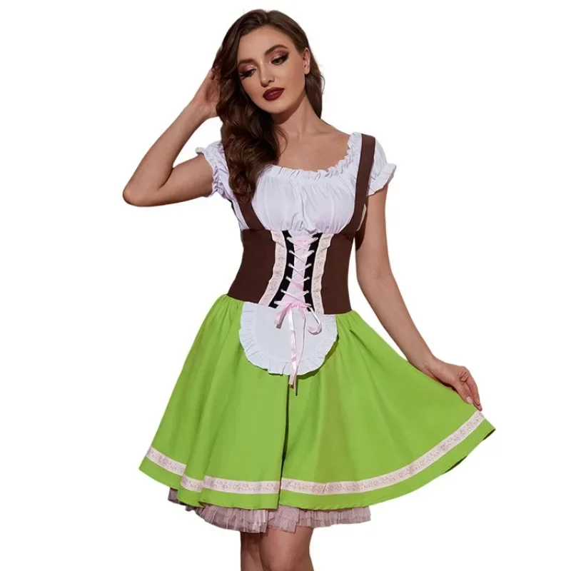 Octoberfest Jurk Vrouwen Duitse Bejaarde Bier Meid Serveerster Dirndl Wit Shirt Veters Corset Halloween Cosplay Kostuum Groen