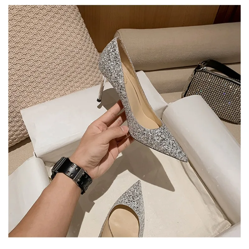 New Fashion Women\'s High Heels Sequins Glitter Luxury Designer Pumps Plus Size Wedding Bridal Gold Shoes Zapatos Mujer