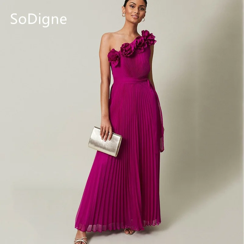 SoDigne Chiffon Prom Dresses Flowers One-Shoulder Draped A-Line Party Dress Charming Formal Prom Gowns Customized