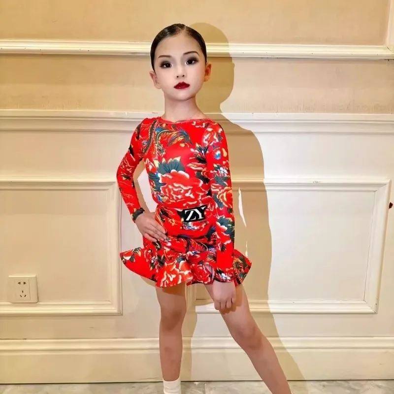 2024 New Children's Latin Dance Big Flower Pattern Red Long Sleeve Practice Dress Cute Latin Dance Dress Set