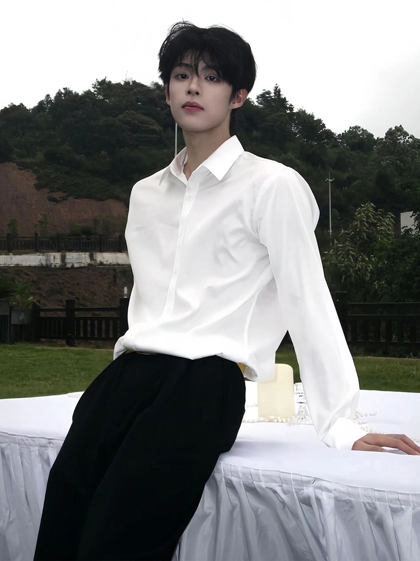 

Pure White Men's irt Briti Sle Autumn Winter Busin Casual Long Sve Inner Wear Suit Top Layer Faionable Coat