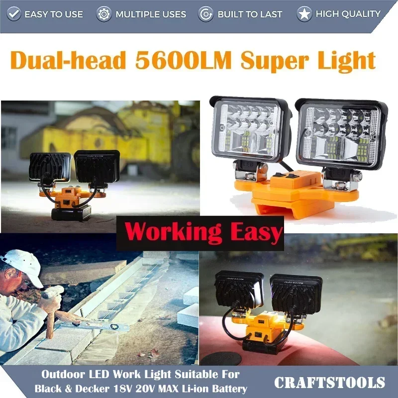 56W Portable Cordless Outdoor LED Work Light For Black & Decker 18V 20V MAX Li-ion Battery w/ USB (Not include battery)