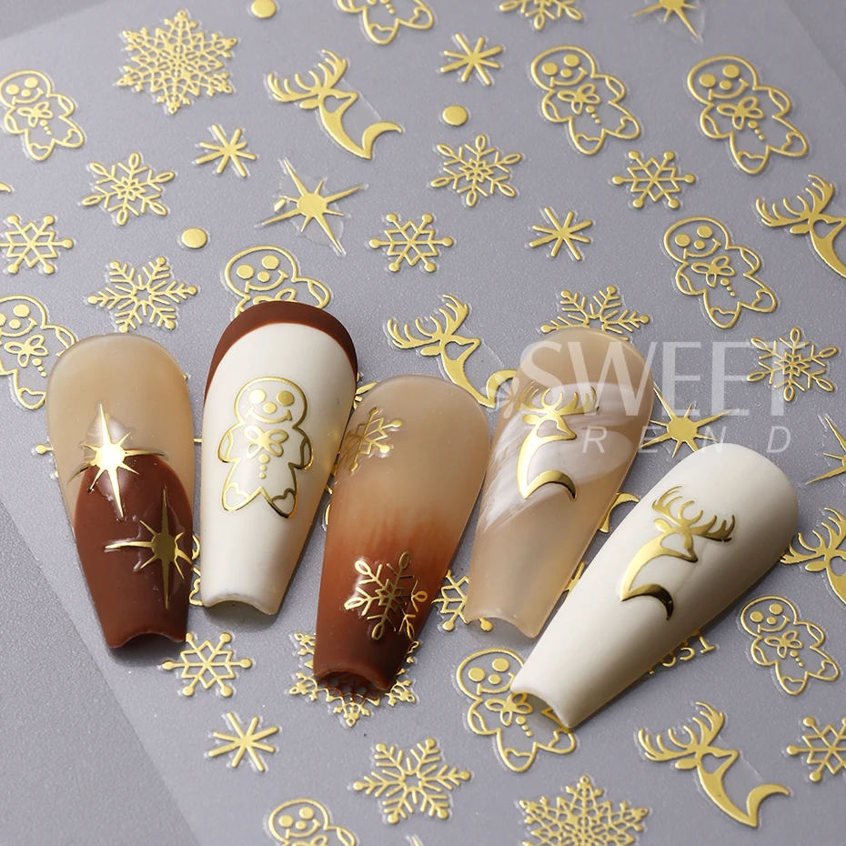 3pcs Kerst Nagelstickers Rose Goud Zilver Sneeuwvlokken Rendier Peperkoek zelfklevende Decals Manicure Decoratie Slider