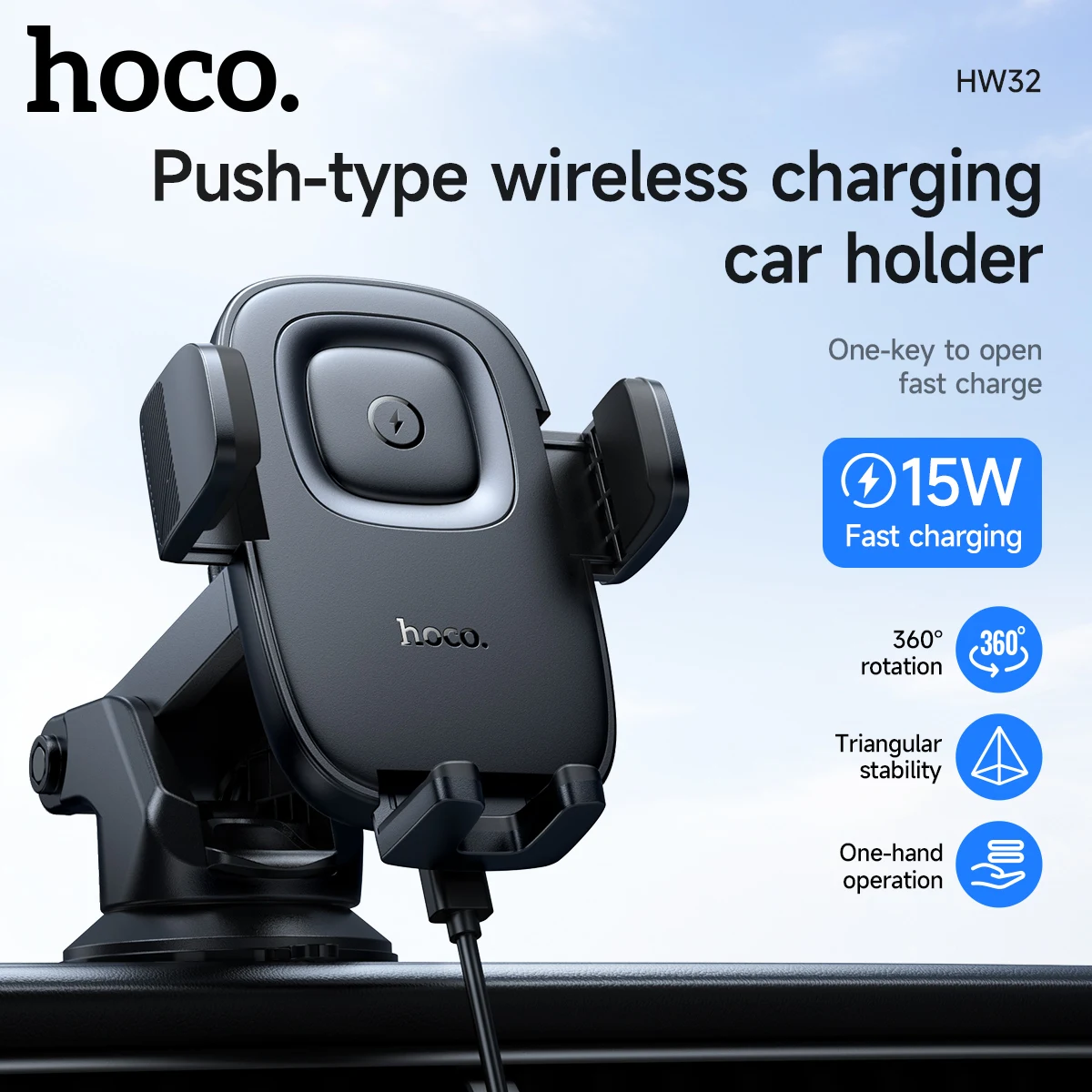 

HOCO 15W Wireless Charging Phone Holder in Car For iPhone 17 16 15 Pro Max 360 Rotation Adjustable Clip GPS Bracket For Samsung
