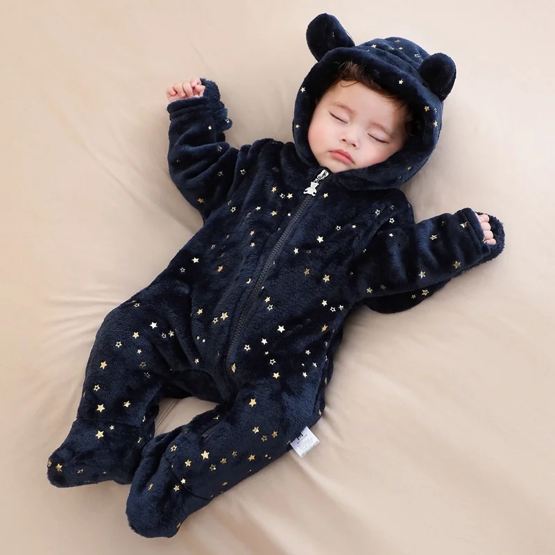 

Newborn Baby Footed Romper Autumn Winter Warm Fleece Jumpsuit with Bear Ears Cute Star Cartoon Print One Piece Outfit for 0-1Y