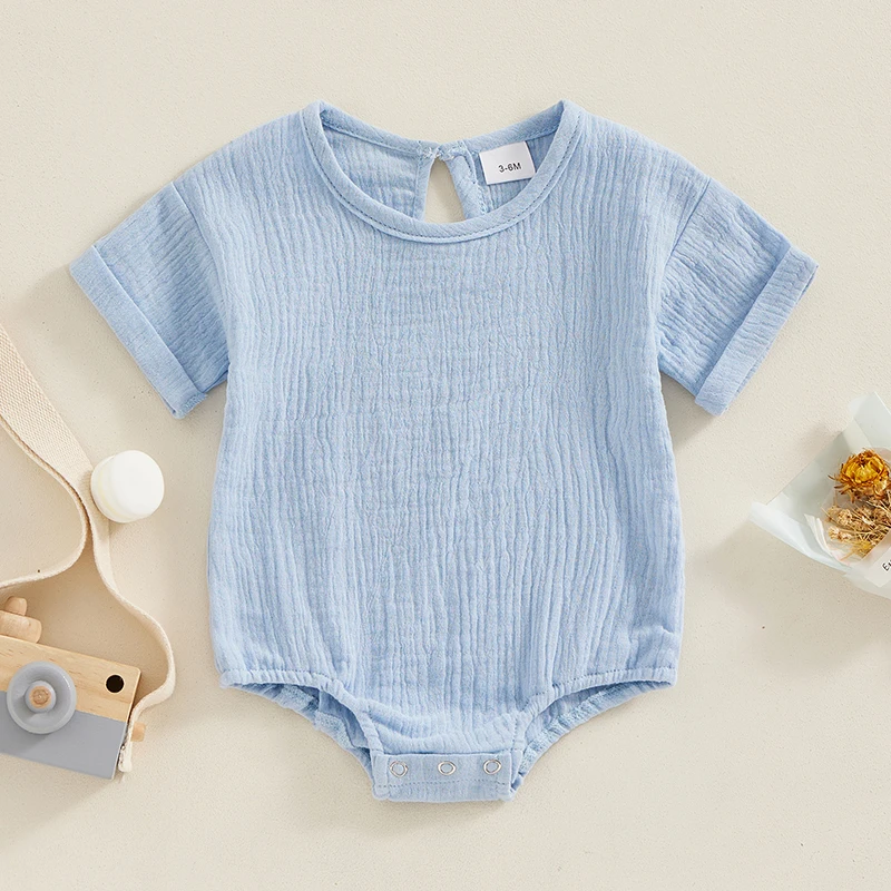 

Baby Bubble Romper Casual Rolled Up Short Sleeve Solid Color Bodysuit Infant Summer Tops