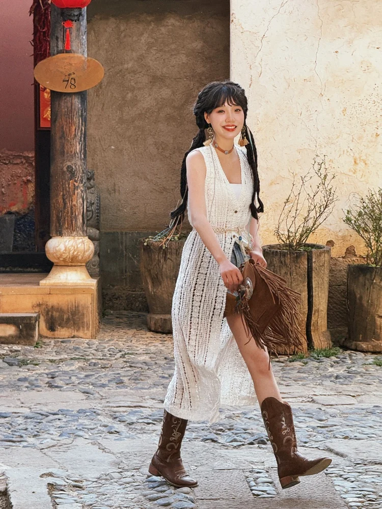 Colete longo de malha vazada Dr Roupas de viagem femininas Soltas V-Ne Camadas Svel Top Cover up Verão Dr