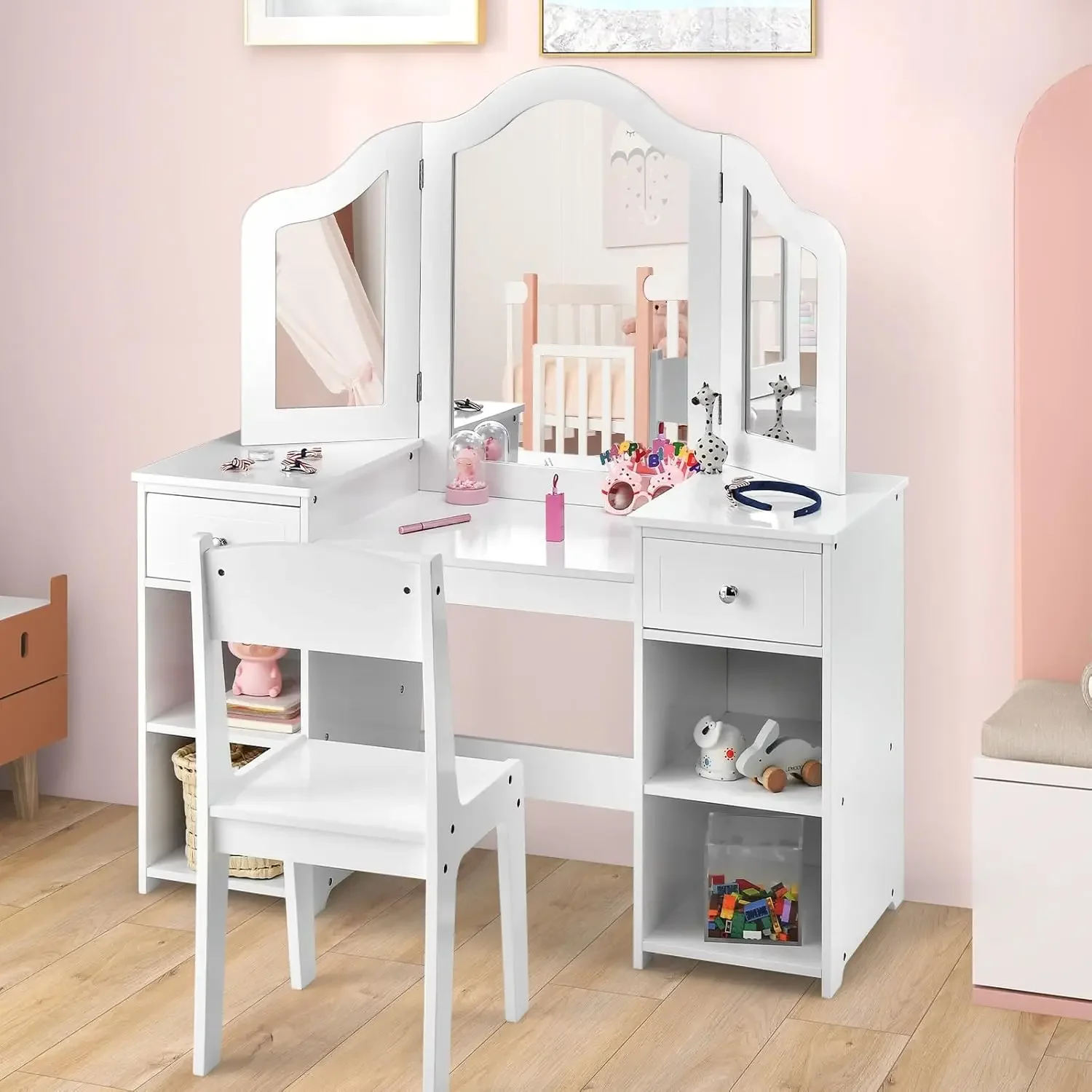 AKUSTIK Kids Vanity, mesa de maquiagem princesa de madeira 2 em 1 e cadeira para crianças com espelho removível triplo dobrável, desenho de armazenamento