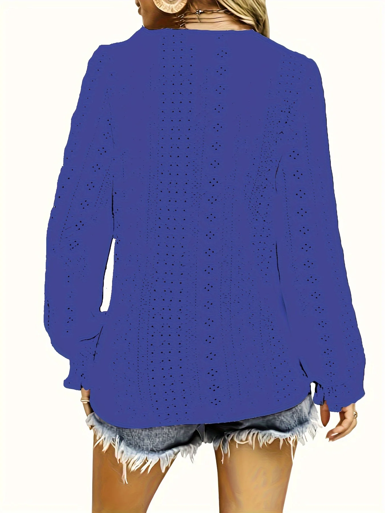 Plus Size T-Shirt mit Ösenknopf-Dekor, lässiges V-Ausschnitt-Langarm-Top für Frühling und Herbst, Damen-Kleidung in Übergröße – Detail 27