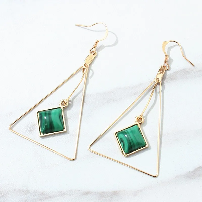 Fashion Hot Gold Color Triangle Earrings For Women 2026 Popular Geometric Green Texture Stone Square Stud Earrings Jewelry Gift