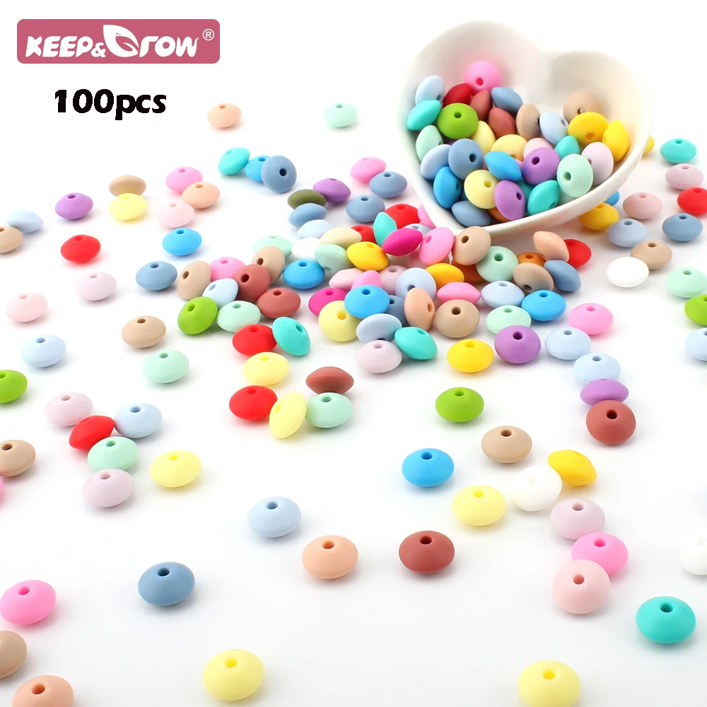 keep&grow 100pcs Silicone Beads 12mm Lentil Beads Baby Teething Beads Food Grade DIY Necklace Pacifier Chain Accessorise