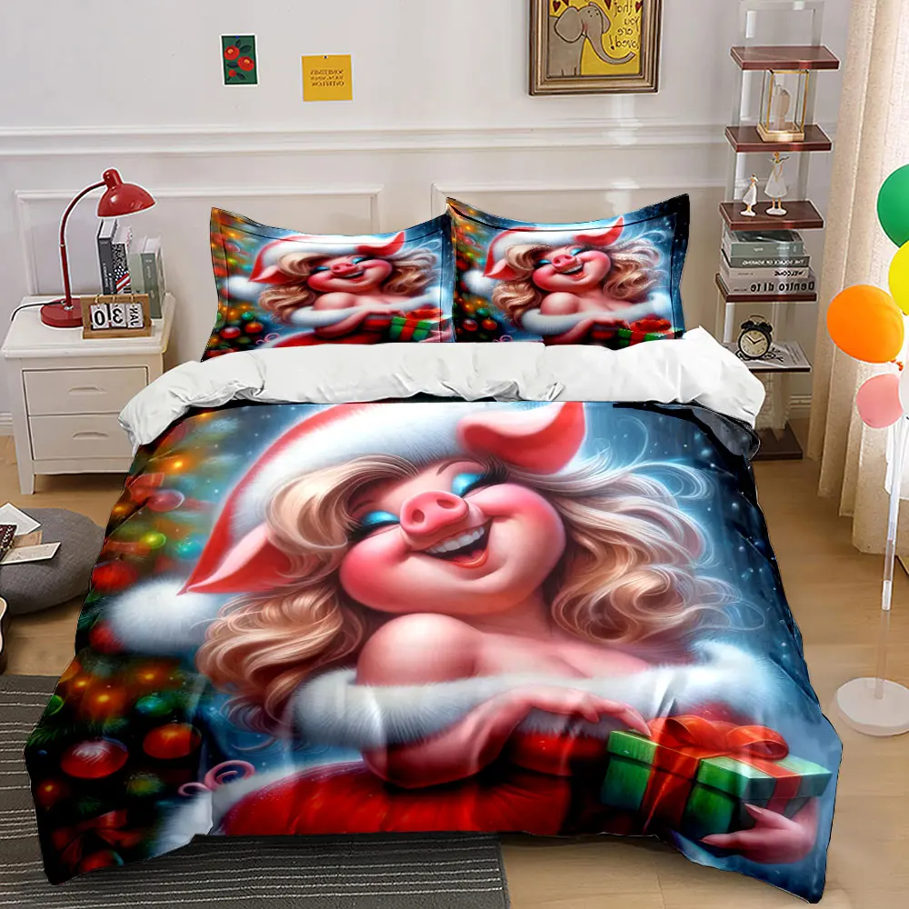 Cute pig lady in Christmas outfit holding a gift Print Duvet Cover Bedding Set Included 1*Duvet Cover 2*Pillowcases