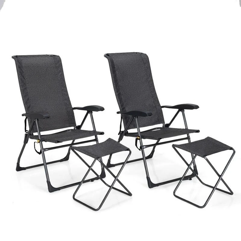 

4 Pieces Patio Adjustable Back Folding Dining Chair Ottoman Set-Gray