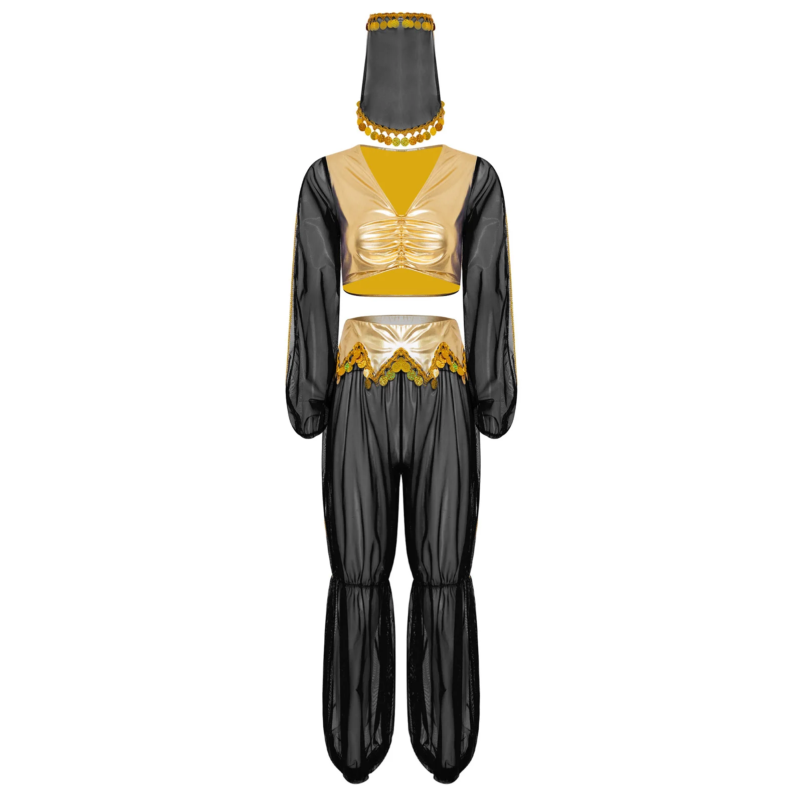 

Womens Halloween 3-piece Arab Princess Cosplay Outfit Contrast Color Crop Top Sheer Mesh Pants And Veil Belly Dance Costume