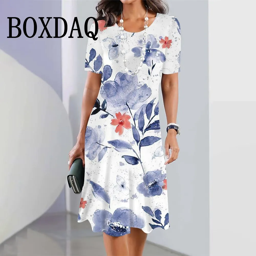 2024 New Women's Dresses Floral Printed Summer Elegant Mini Dresses Female Short Sleeve Dress Fashion Loose Clothes Sundress