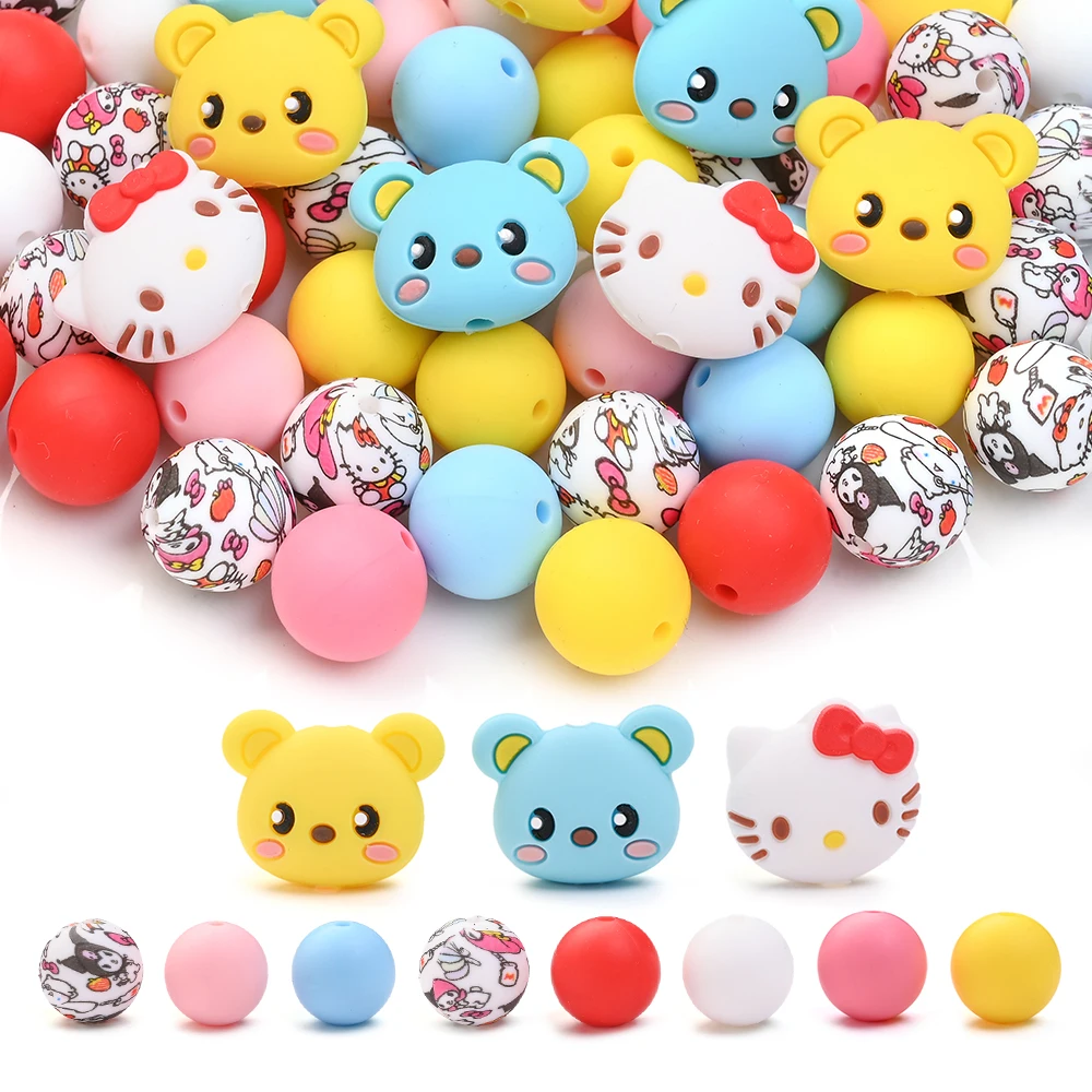 

16 шт., набор смешанных силиконовых бусин с принтом, круглые бусины Sanrio Shape Focus, бусины-прорезыватели для ручной работы, цепочка для соски, зажим, держатель для пустышки