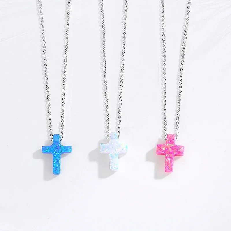 TONGZHE Opal Necklace Silver 925 Sterling Necklace Woman Blue Cross Chains Jesus Charm Opal Necklace Pendants Women&30