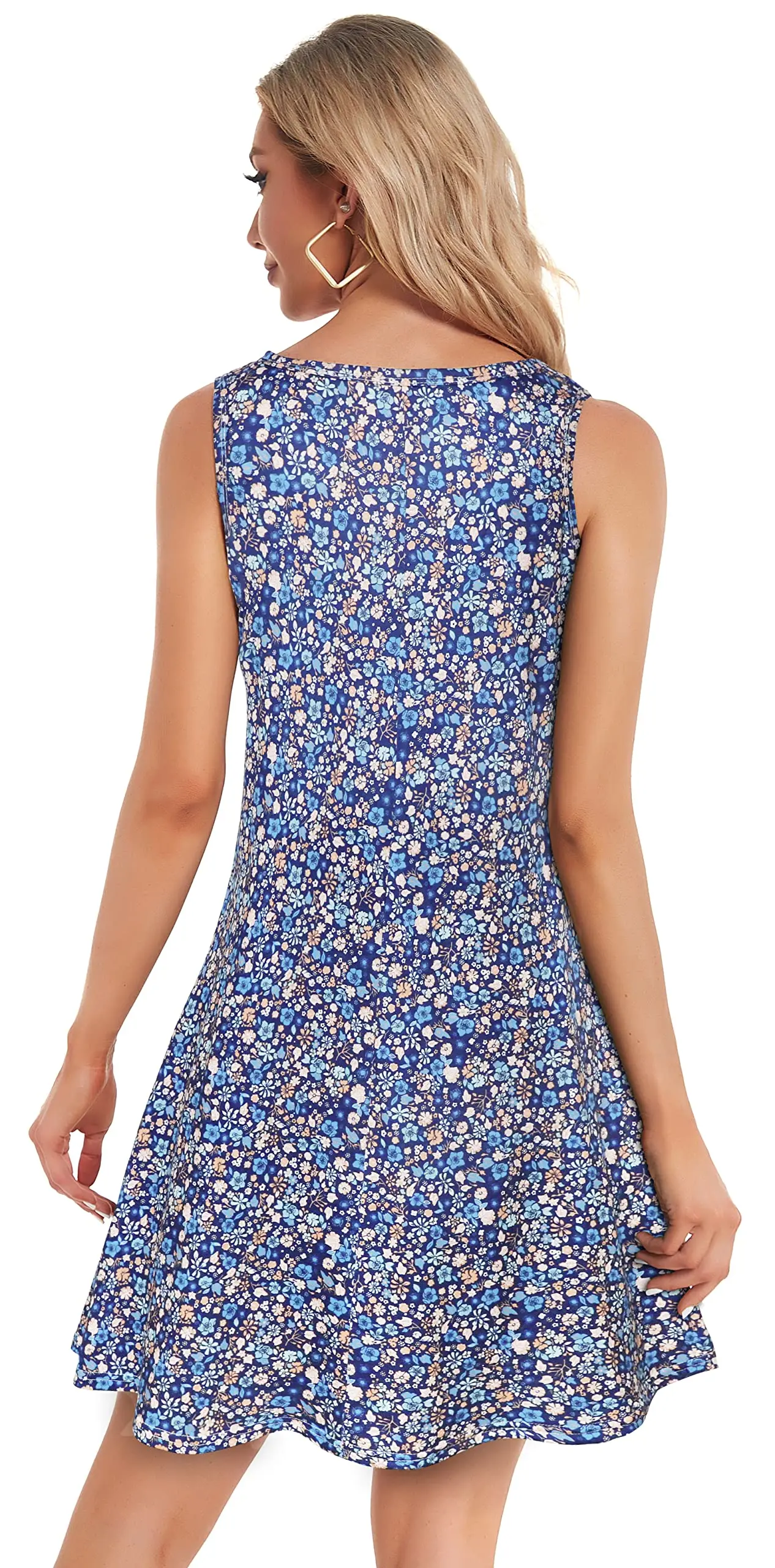 Vestido azul hasta la rodilla para mujer, ropa informal con estampado floral, chaleco sin mangas para playa, holgado y cómodo con cuello redondo, 2024