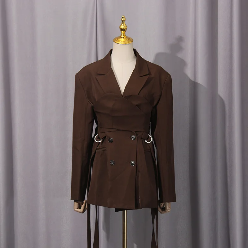 

EAEOVNI Designer Fashion Women Jacket Asymmetrical Patchwork Lace-up Design Button Gathered Waist Solid Blazer 2025 Autumn New