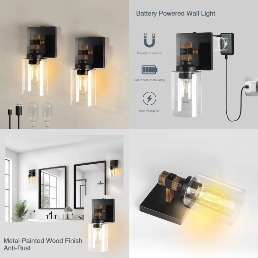 

Battery Operated Wall Sconce 2-Pack Farmhouse Rechargeable Wall Lamp Set of Two No Wired Required, Easy Install Cordless for Be