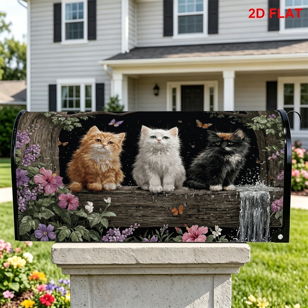 Three Cute Kittens Mailbox Cover, Flowers Butterflies Waterfall Scene Mailbox Decor