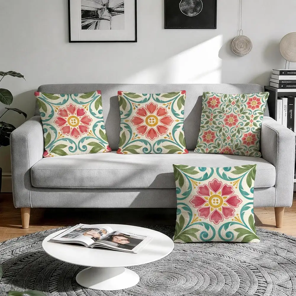 Floral Tile Vintage Chic Cushion Cover 1/4Pcs Linen Throw Pillow Covers Double-Side Print Sofa Couch Living Room Decor