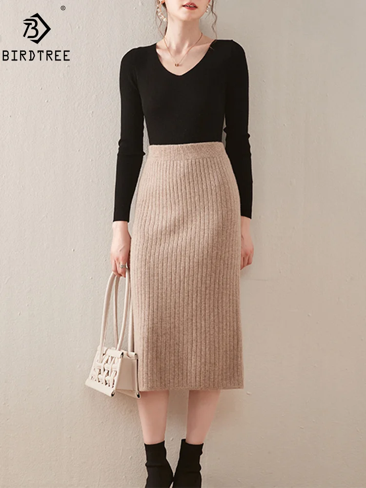 

BirdTree, 100%Pure Wool Elegant Slim Skirts, Women Striped Slit Warm, Commute Fashion All-match Skirt, 2024 Autumn New B47461QM