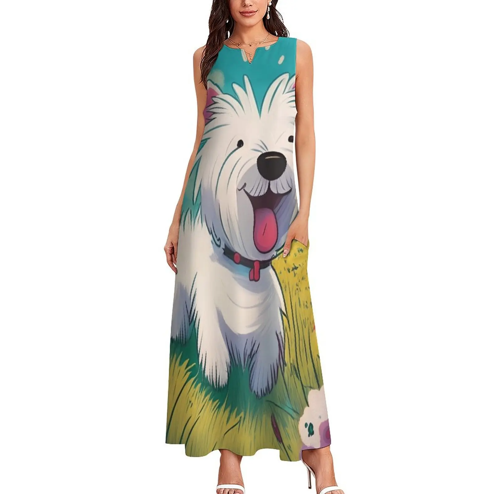 A happy cartoon westie prancing through the flowers Long Dress Women's summer long dress summer dresses women 2025