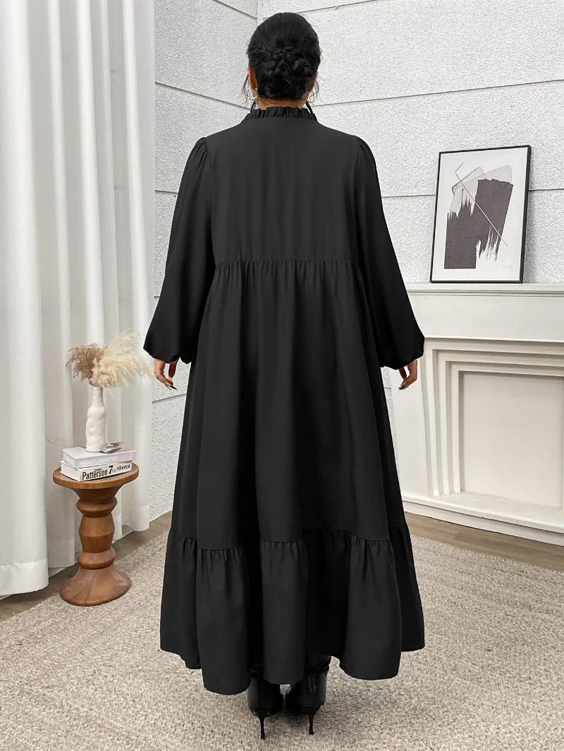 KEXU New Plus Size Women's Maxi Long Dress Print High Waist Slim Black Ruffles Casual A-line Long Sleeve Fall Street Dress