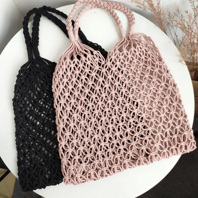 Women Bag Bucket Cotton Beach Bag Woven Bag Casual Hollow Out Solid SOFT High-Capacity Shoulder Bag Handbag