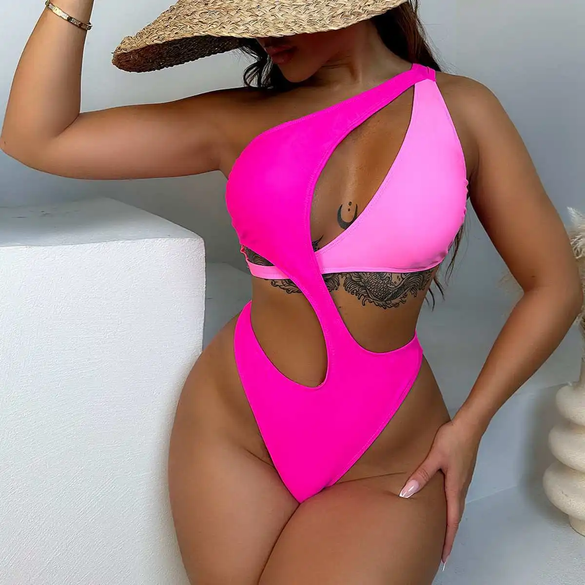New Fashin Women's Sexy Contract Color Swimwear Lady Stylish Hollow Out One-Piece Swimmingsuit Hot Single Shoulder Beachwear