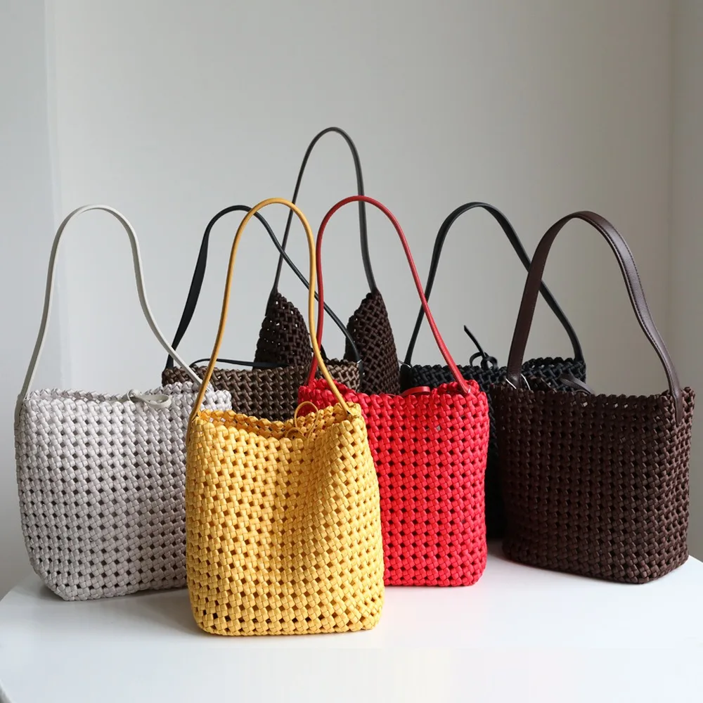 

New First-layer Cowhide Shoulder Strap Hollow Tote Bag Casual Large Hand-woven Bucket Bag Large Capacity Shoulder Armpit Bag