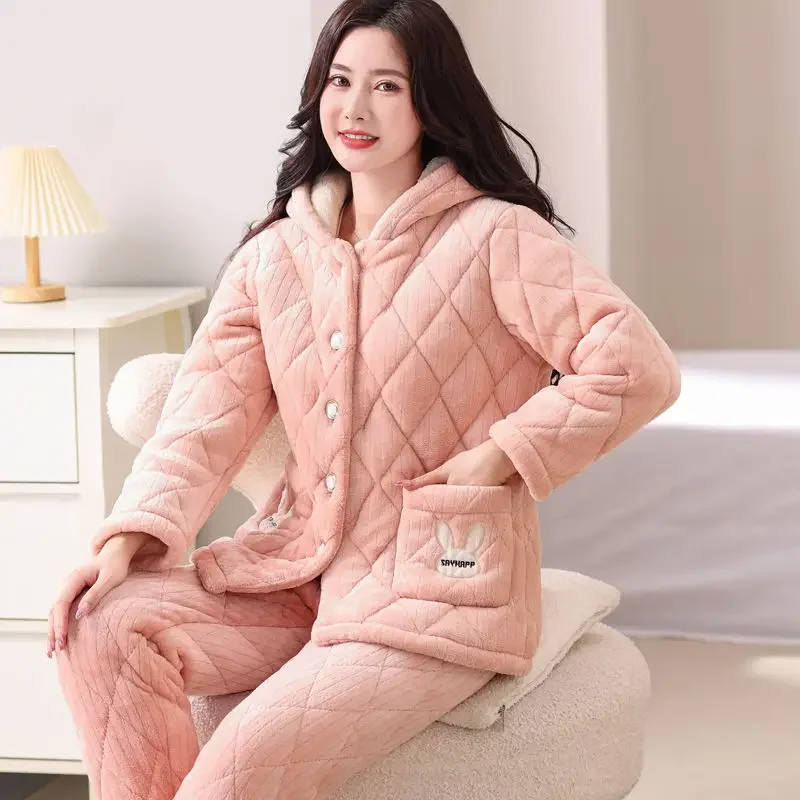 Winter Three-layer Thickened Coral Fleece Padded Pajamas Women's Warm and Cotton Winter Loungewear Women's Padded Jacket Set