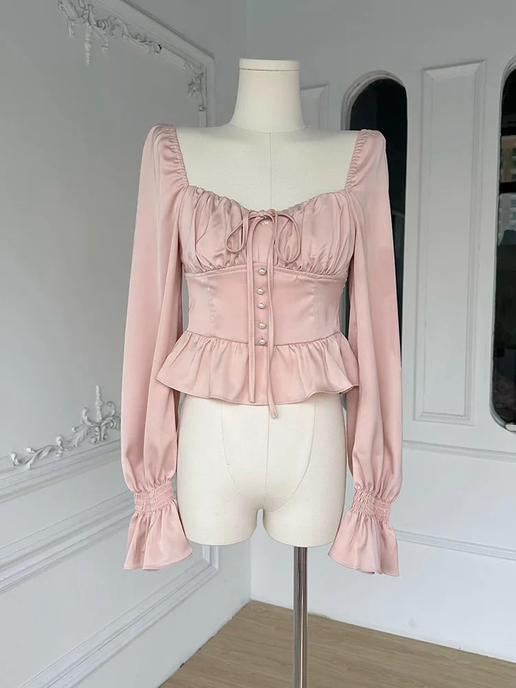 French Elegance Sweet Blouses Mori Girl Chic Crop Top Solid Flare Sleeve Basic Casual Court Shirts Luxury Pearl Formal Occasion