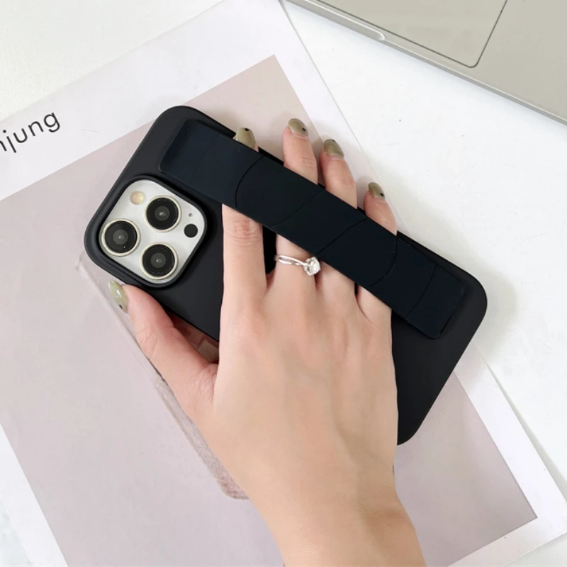 Luxury Solid Stretch Silicone Wrist Strap Case For iphone 11 12 13 14 15 16 Pro Max Plus UltraThin Matte Shockproof Hard Cover