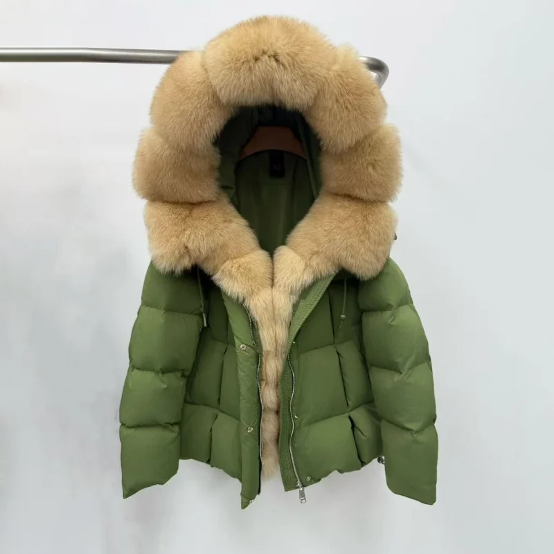 2025년 겨울 여성용 폭스 퍼 칼라 플러시 안감 두꺼운 따뜻한 구스 다운 재킷 Y2K 고품질 패션 하이 스트리트 후드 코트