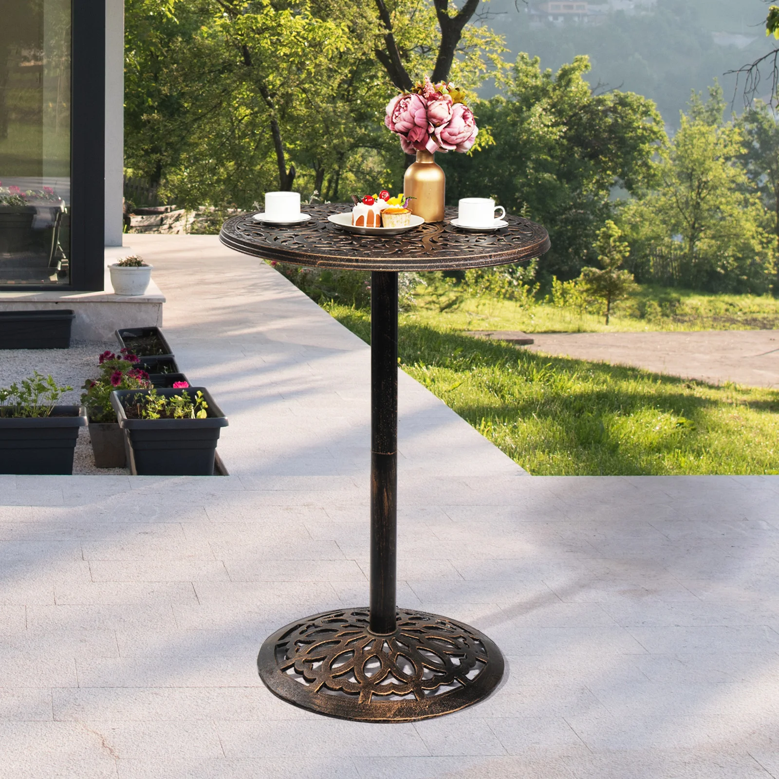 Outdoor Bistro Pub Table, Round Patio Bar Height Cocktail Table, Antique Bronze