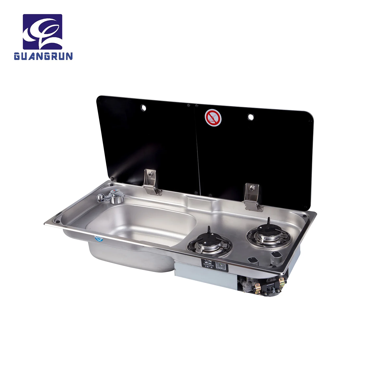 Stainless steel two burner gas stove and sink combination unit with safety glass lid for RV caravan motorhome GR-904L GR-904R