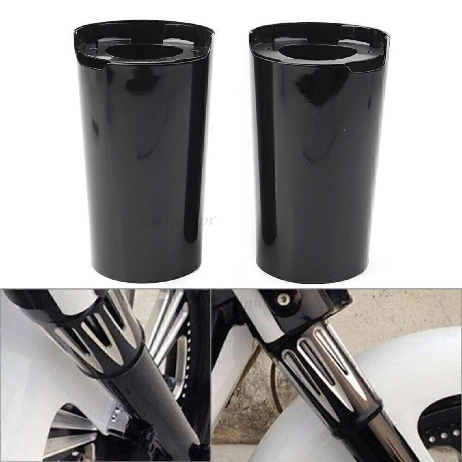 

Black CNC Aluminum Alloy Upper Fork Boot Slider Covers Cow Bells For Harley Touring Street Glide