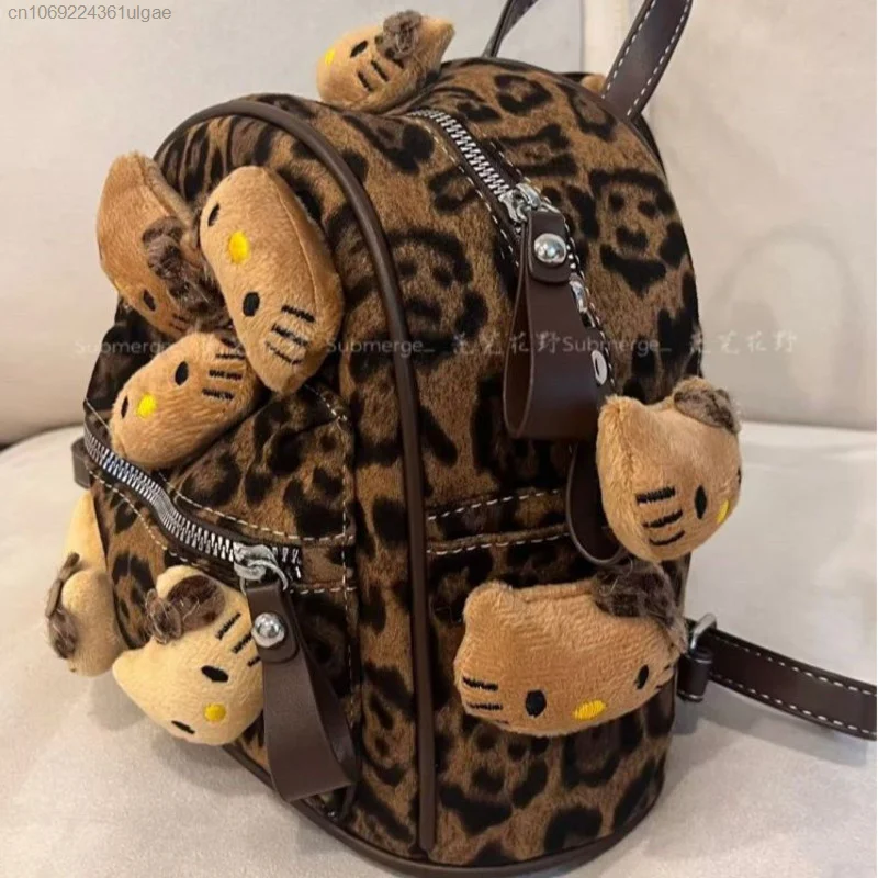 Sanrio Hello Kitty Spicy Girl\'s New Leopard Print Bags Niche Style Bag Women\'s Fashion Portable Outdoor Travel Plush Backpack